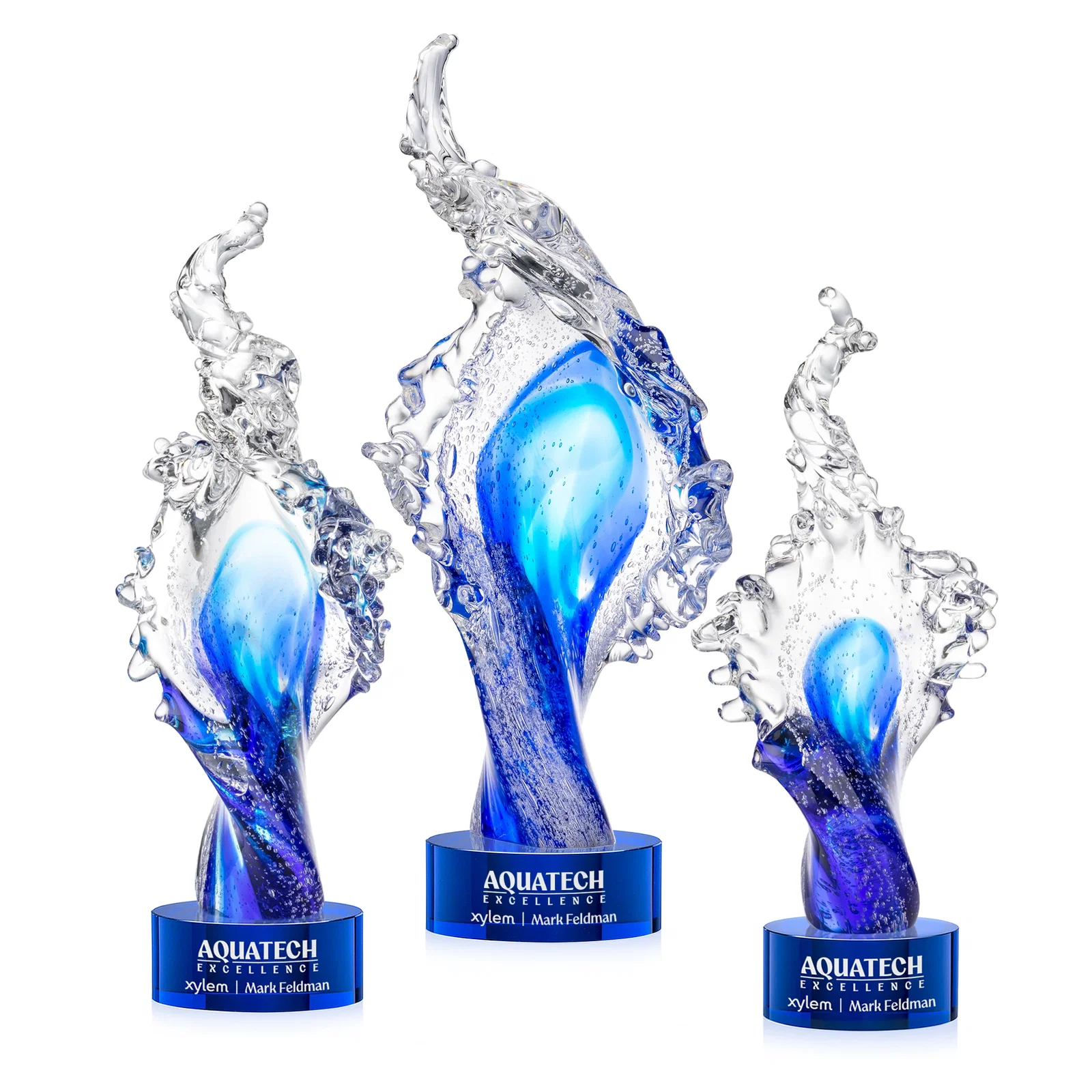 Custom Clear and Blue Glass Wave-Crest Award on a Round Marvel Base for dealer and partner awards