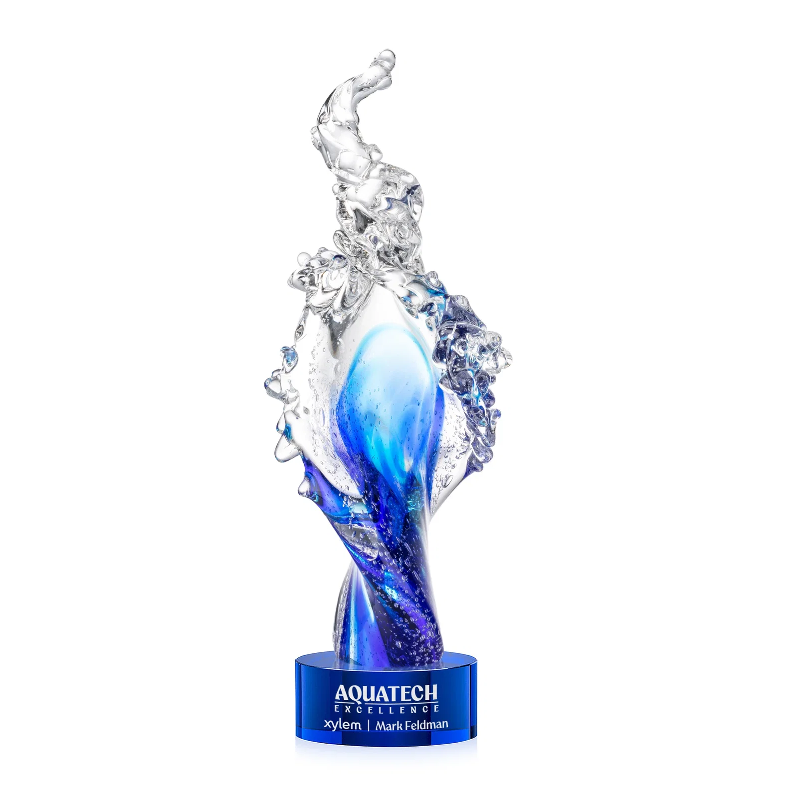 Personalized Clear and Blue Glass Wave-Crest Award on a Round Marvel Base for employee recognition
