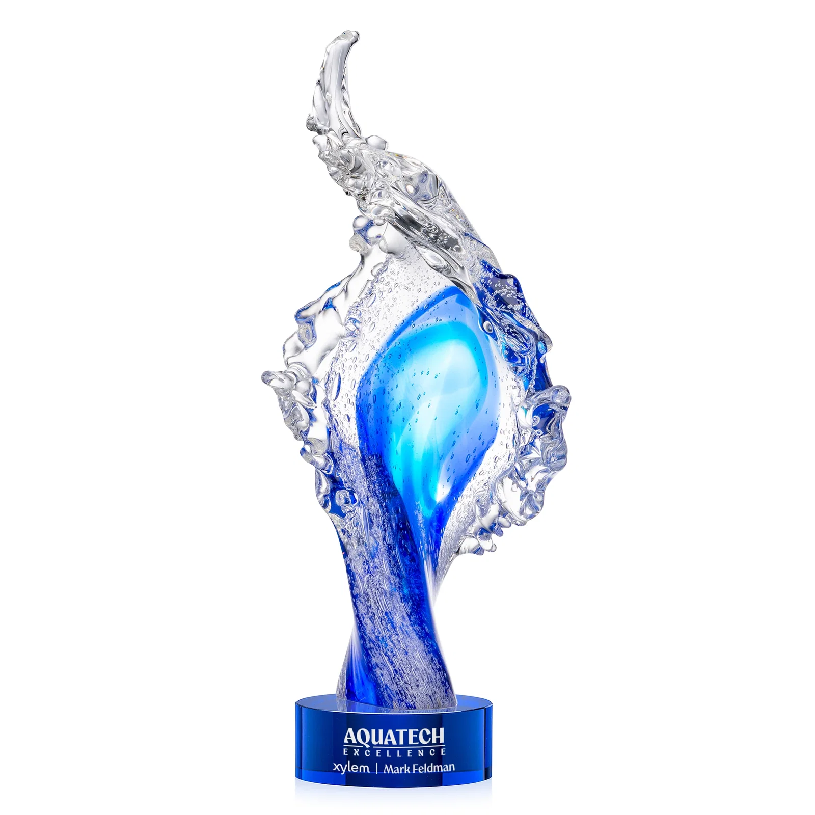 Personalized Clear and Blue Glass Wave-Crest Award on a Round Marvel Base for corporate award ceremonies