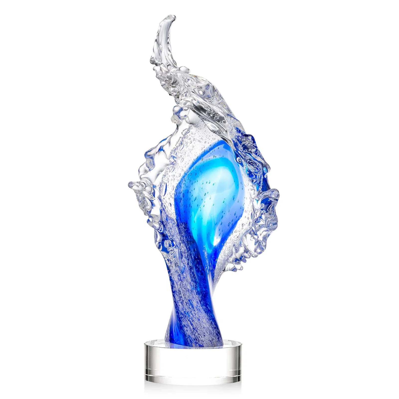 Personalized Clear and Blue Glass Wave-Crest Award on a Round Marvel Base for retirement presentations