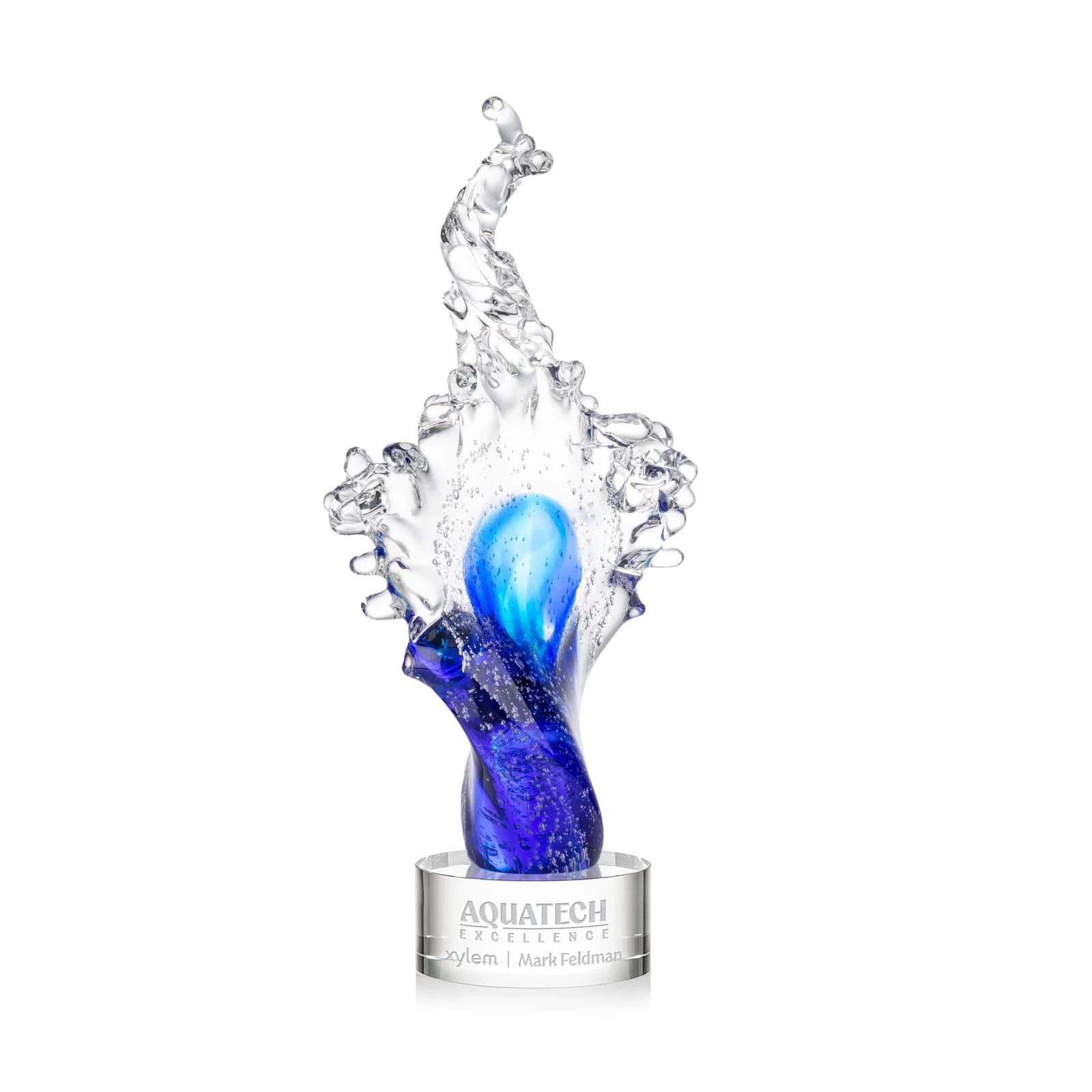 Custom Clear and Blue Glass Wave-Crest Award on a Round Marvel Base for corporate award ceremonies