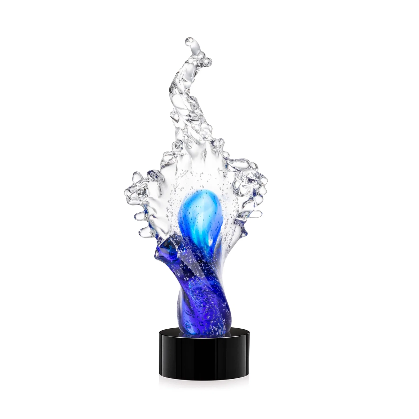 Personalized Clear and Blue Glass Wave-Crest Award on a Round Marvel Base for team milestone celebrations