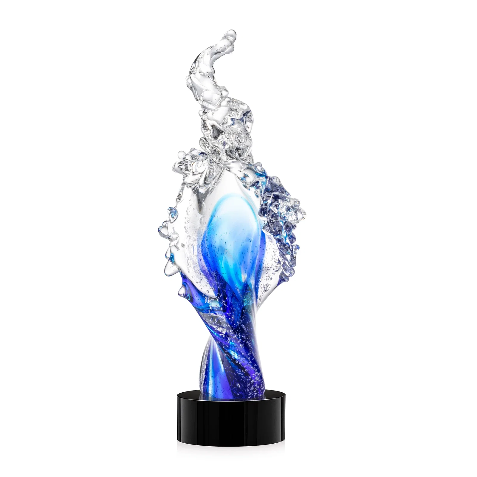 Personalized Clear and Blue Glass Wave-Crest Award on a Round Marvel Base for donor appreciation