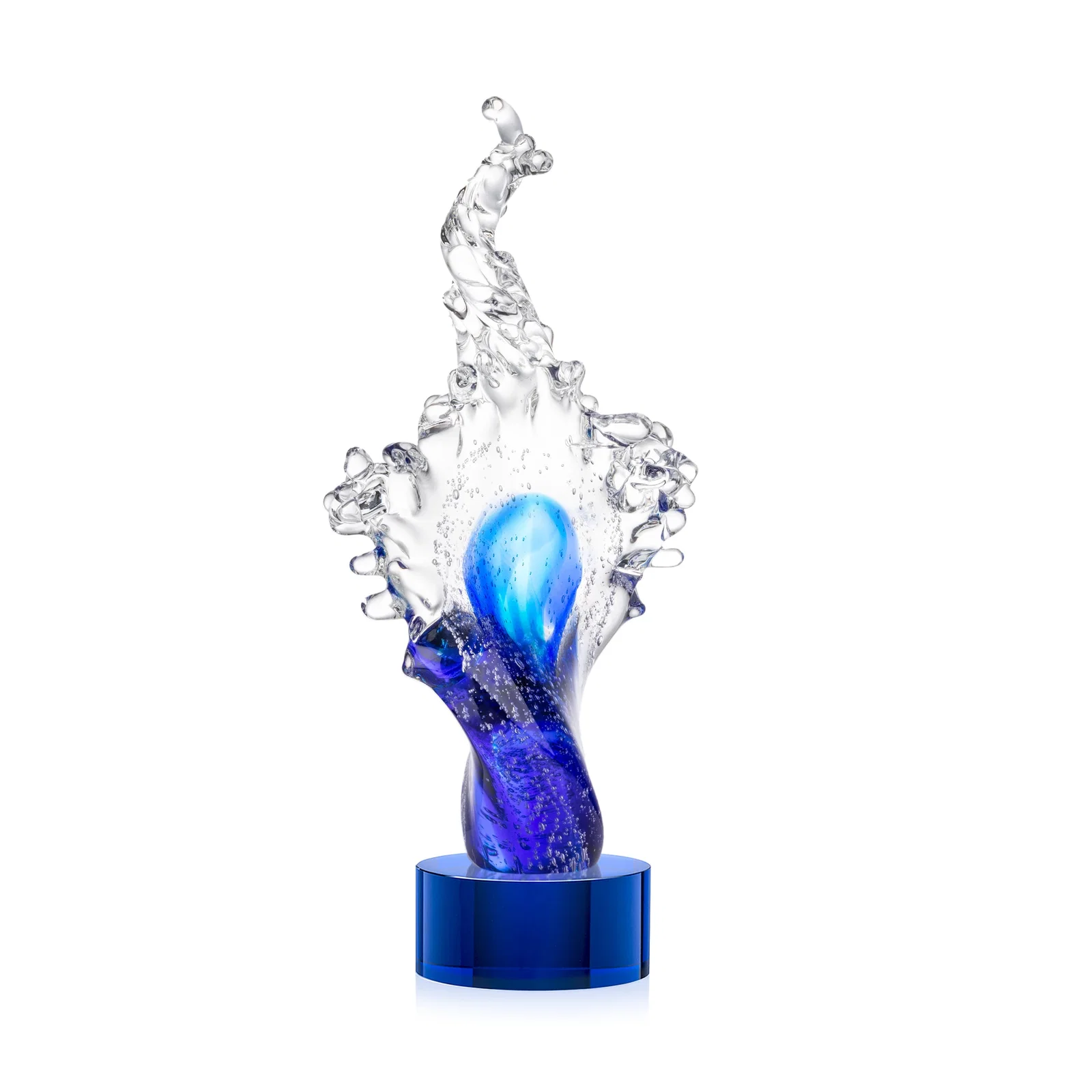 Personalized Clear and Blue Glass Wave-Crest Award on a Round Marvel Base for safety achievement programs