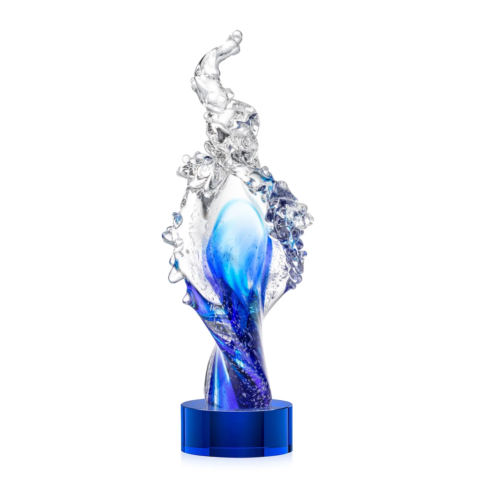 Personalized Clear and Blue Glass Wave-Crest Award on a Round Marvel Base for volunteer appreciation
