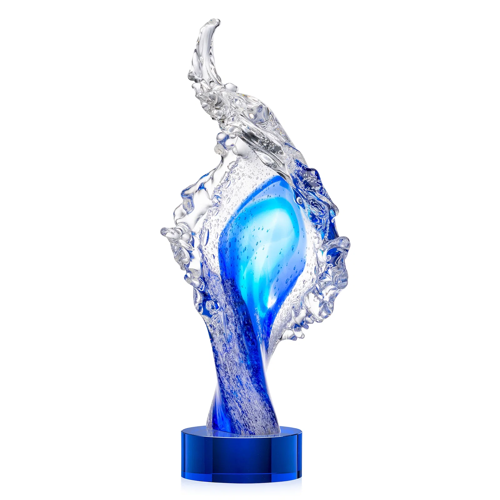 Personalized Clear and Blue Glass Wave-Crest Award on a Round Marvel Base for dealer and partner awards