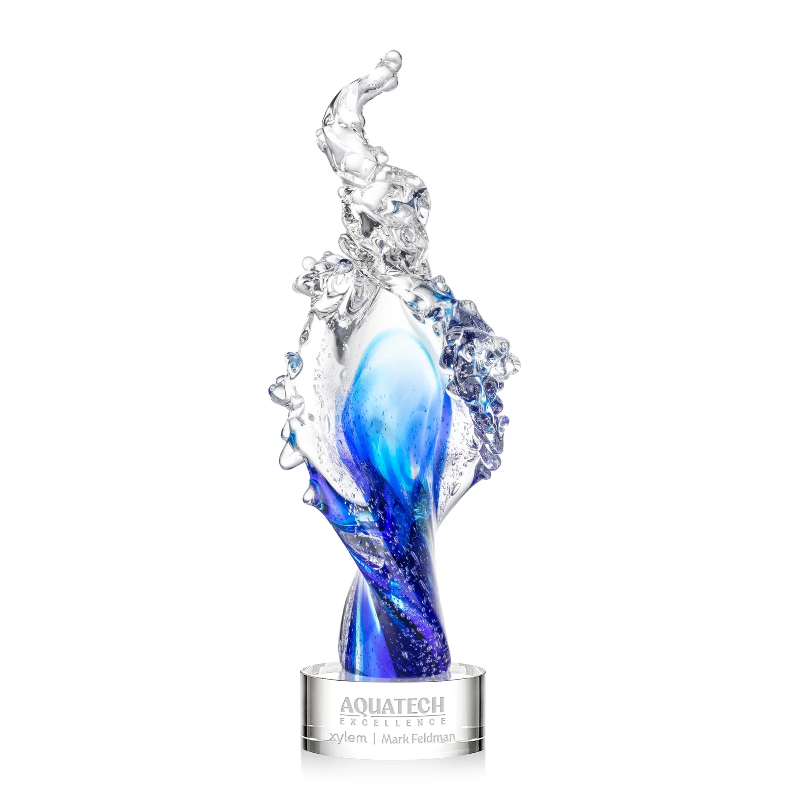 Custom Clear and Blue Glass Wave-Crest Award on a Round Marvel Base for service anniversary gifts