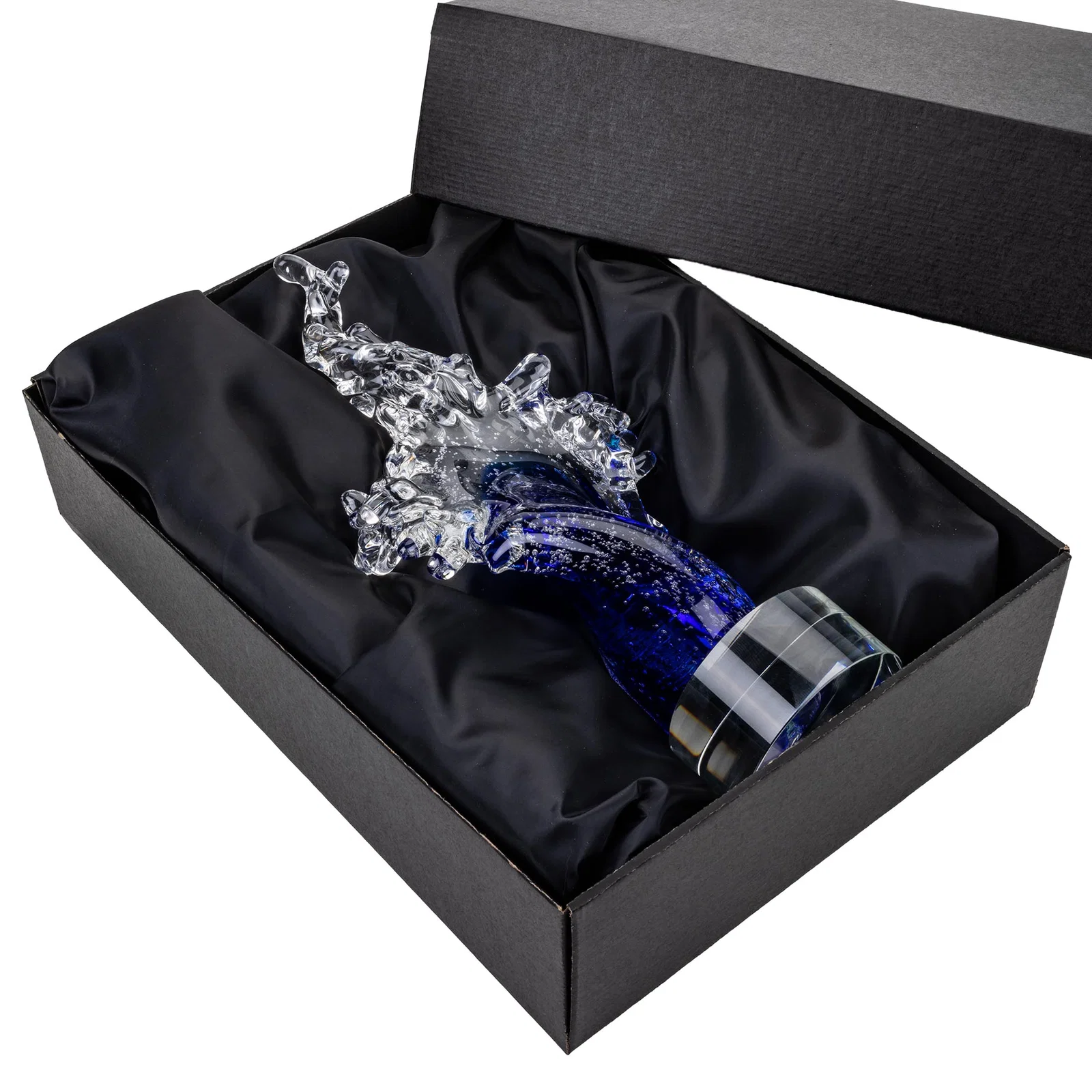 Custom Clear and Blue Glass Wave-Crest Award on a Round Marvel Base for retirement presentations