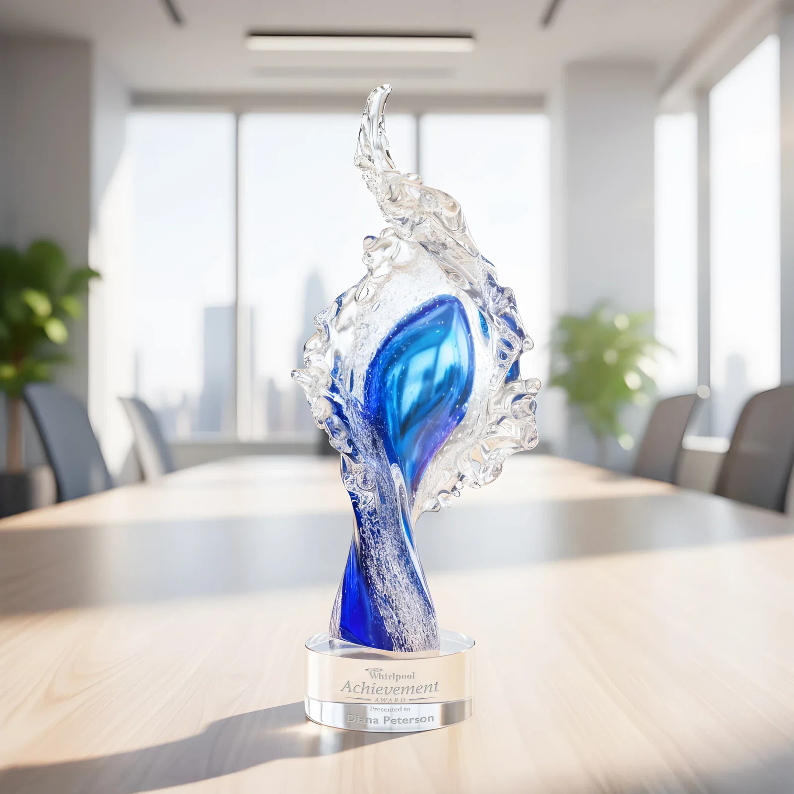 Custom Clear and Blue Glass Wave-Crest Award on a Round Marvel Base for team milestone celebrations