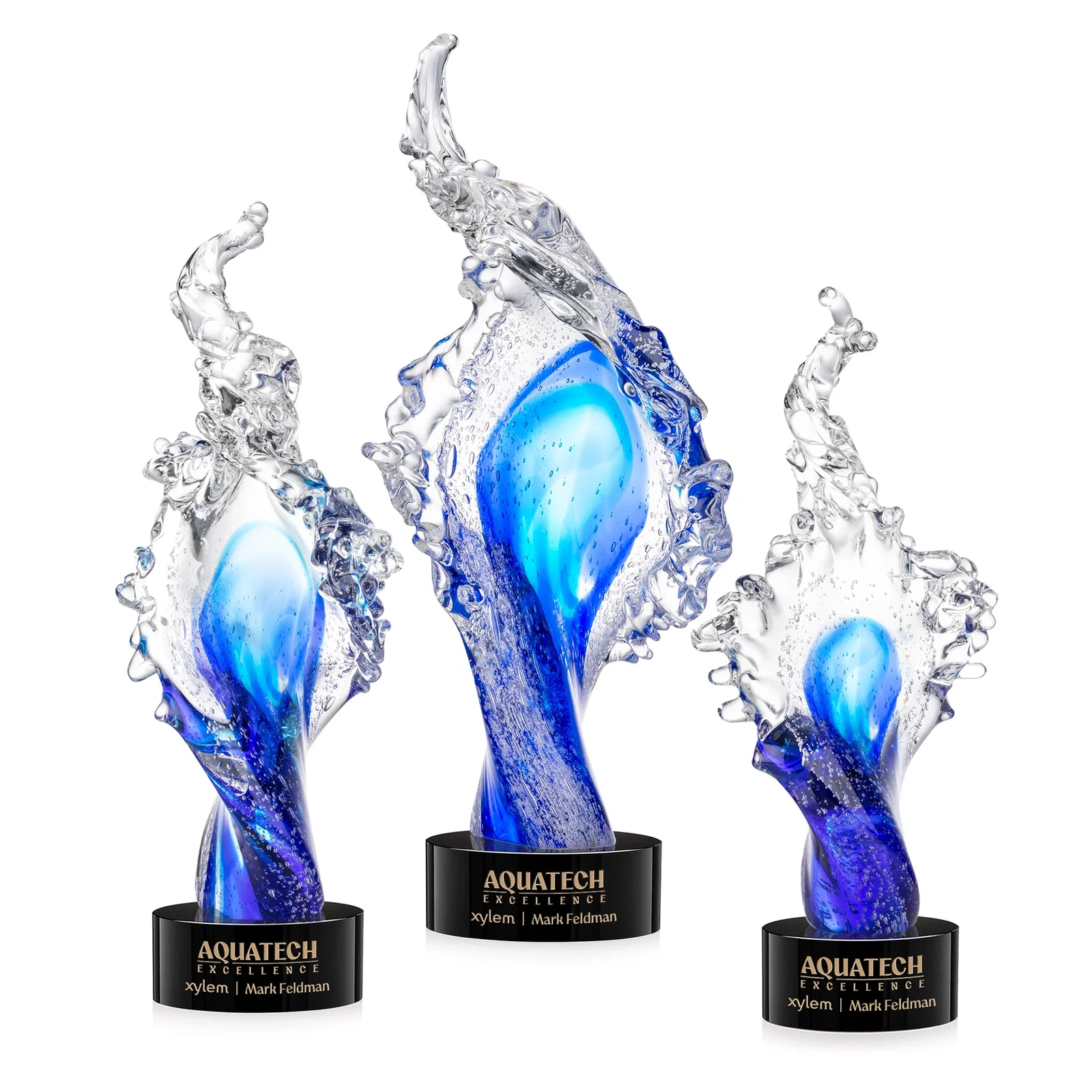 Custom Clear and Blue Glass Wave-Crest Award on a Round Marvel Base for donor appreciation