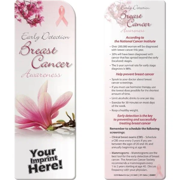 Breast Cancer Early Detection Bookmark with prevention and exam tips, front view