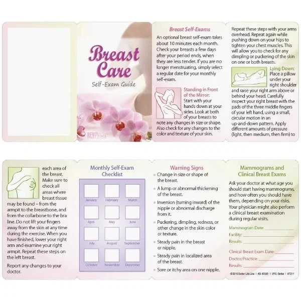 Breast Self-Exam Guide Card record section for tracking mammograms and clinical exams
