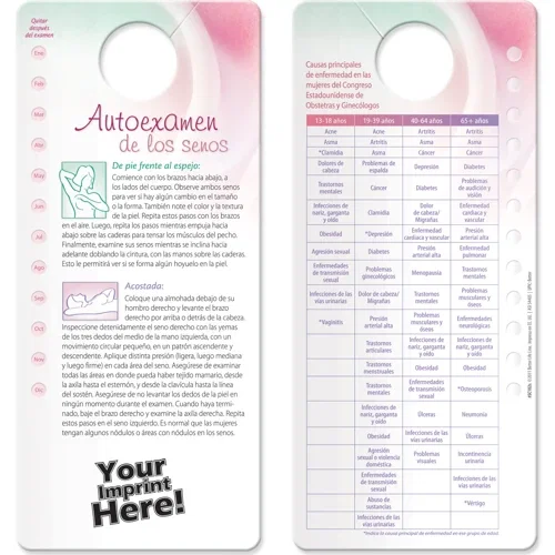 Breast Self-Exam Shower Card in Spanish, waterproof double-sided self-exam guide that hangs in the shower