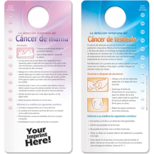 Spanish breast and testicular cancer self-exam waterproof shower card, hero front view