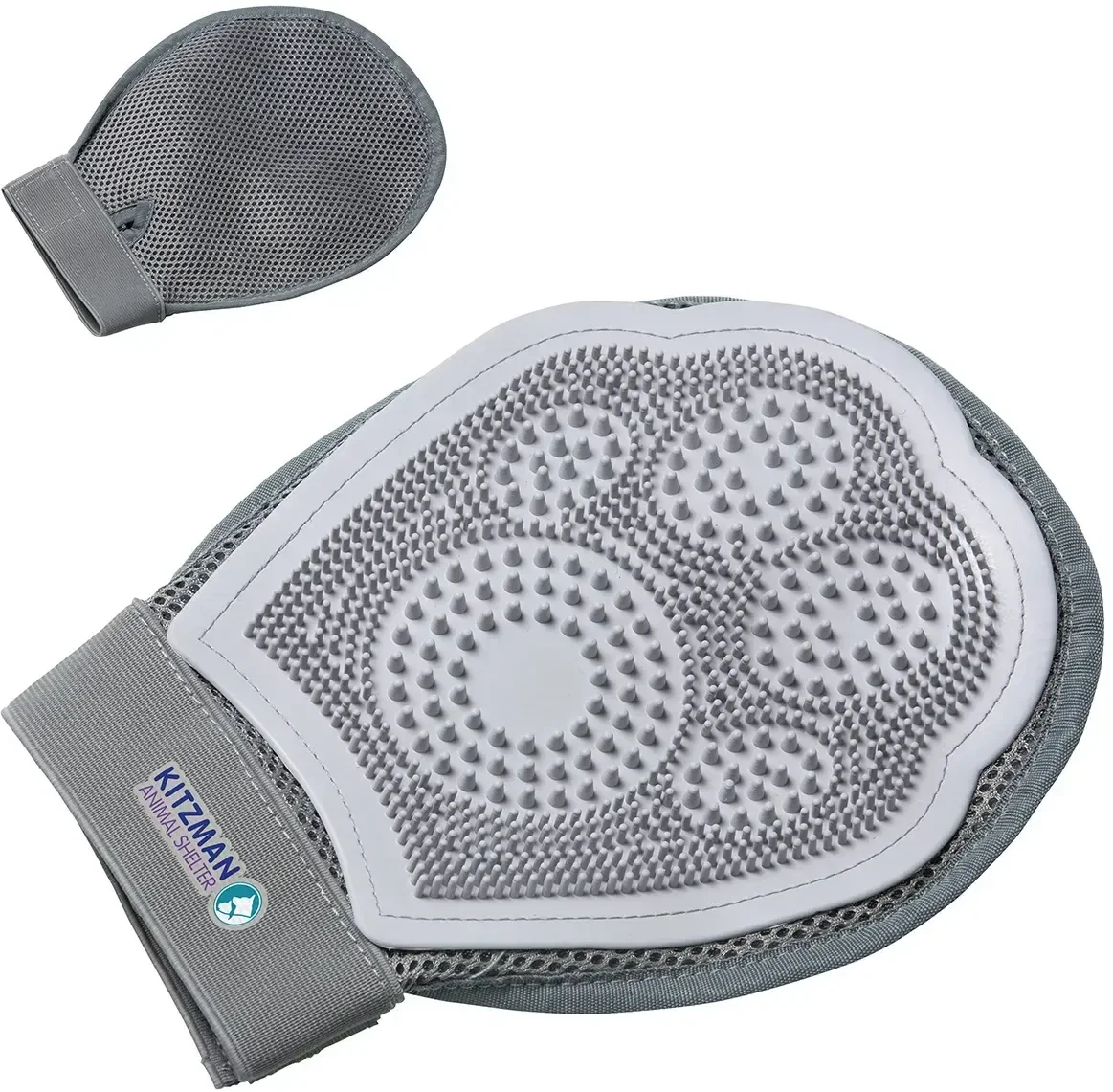 Branded Breeder grooming glove worn on hand brushing a pet, promotional lifestyle shot