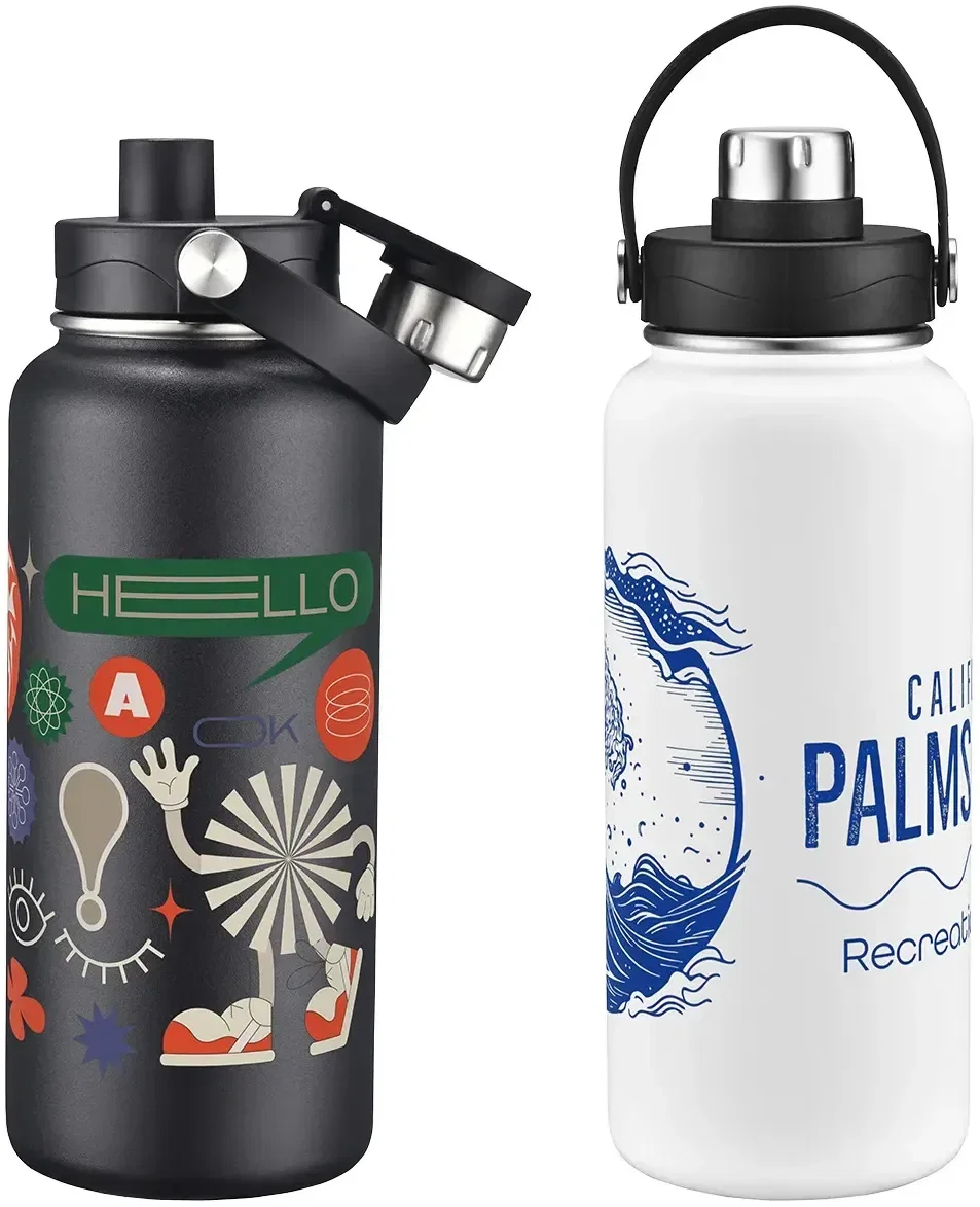 Bresso 34 oz twist-spout insulated stainless steel water bottle with custom logo, front view