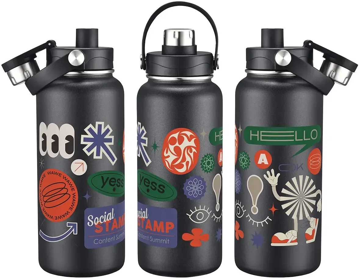 Bresso 34 oz branded insulated bottle side profile showing twist-spout lid, promotional drinkware