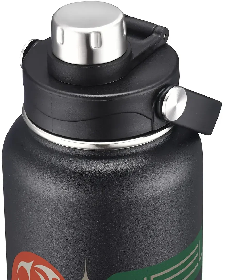 Bresso 34 oz custom water bottle close-up of twist-spout cap, branded stainless steel drinkware