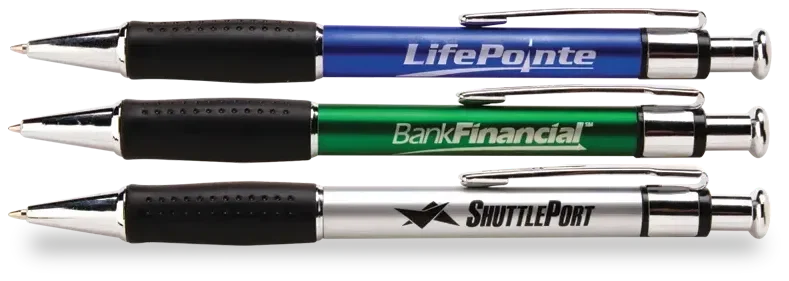 Brewster Pen. Metallic barrel retractable ballpoint pen with rubber grip for office giveaways