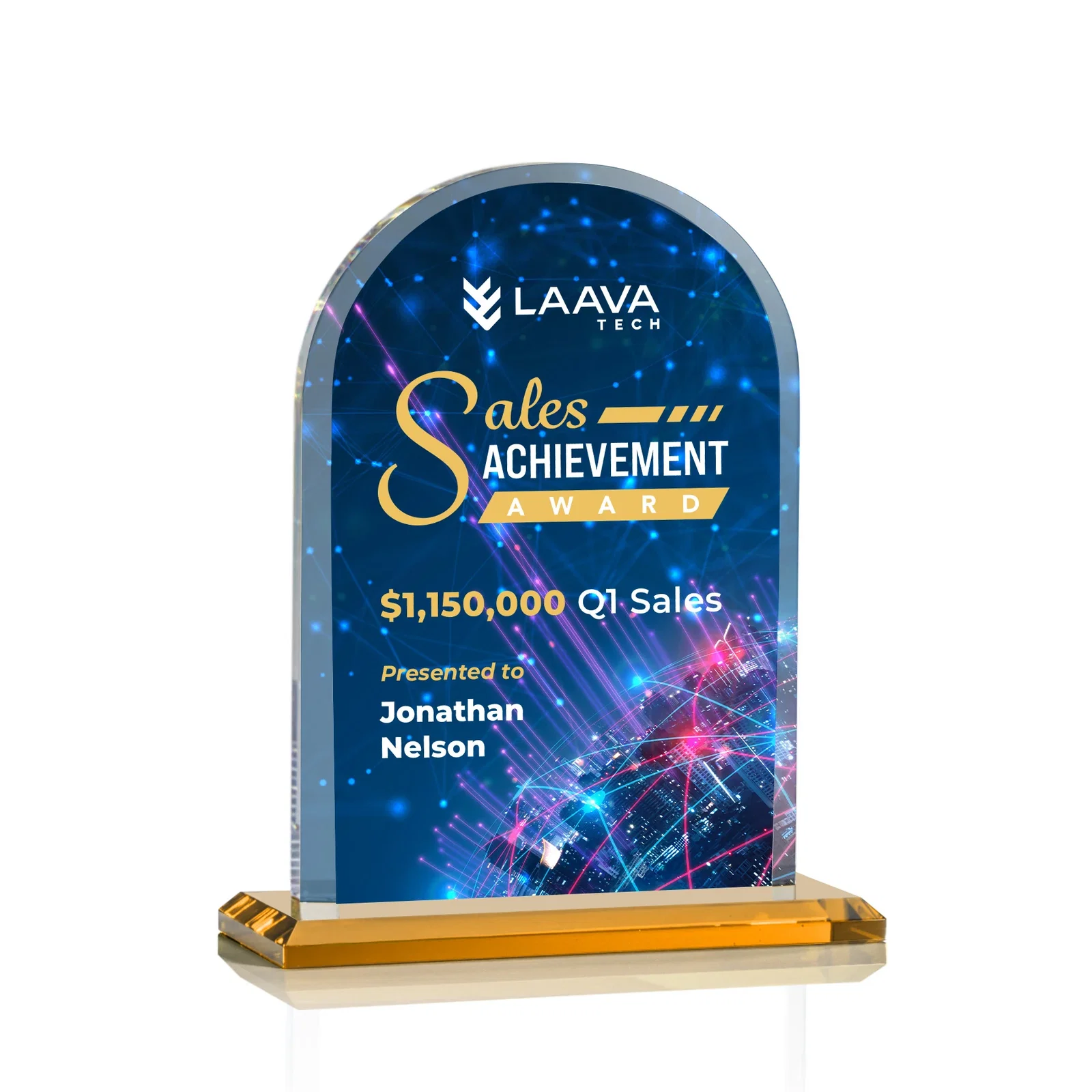 Branded Thick Starfire Crystal Arch Award on a Color Base, awards for corporate award ceremonies