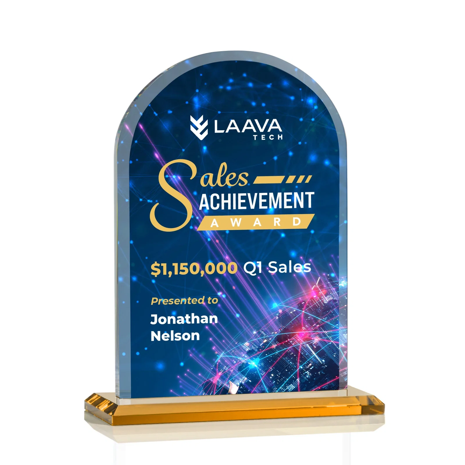 Branded Thick Starfire Crystal Arch Award on a Color Base, awards for service anniversary gifts