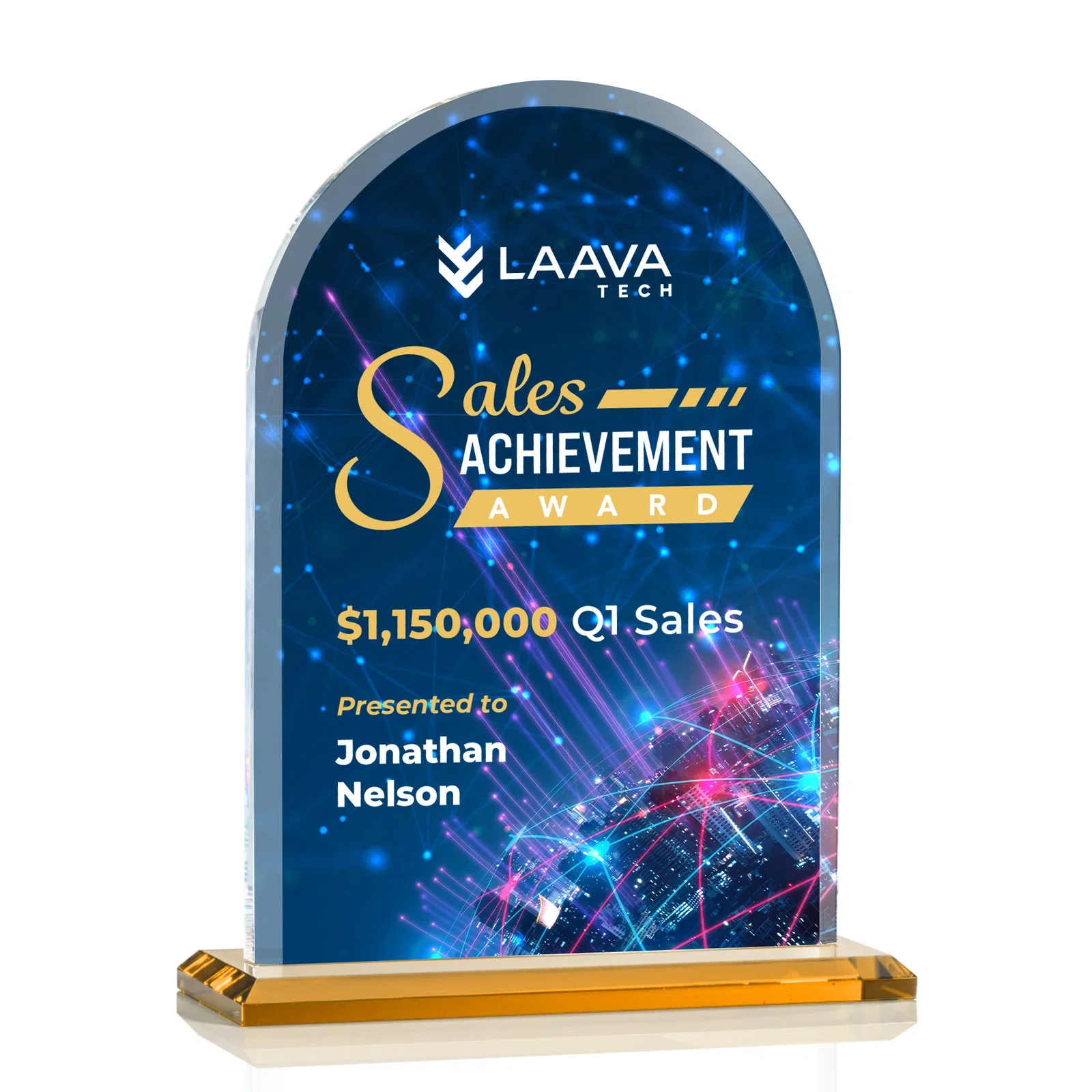 Branded Thick Starfire Crystal Arch Award on a Color Base, awards for sales achievement awards