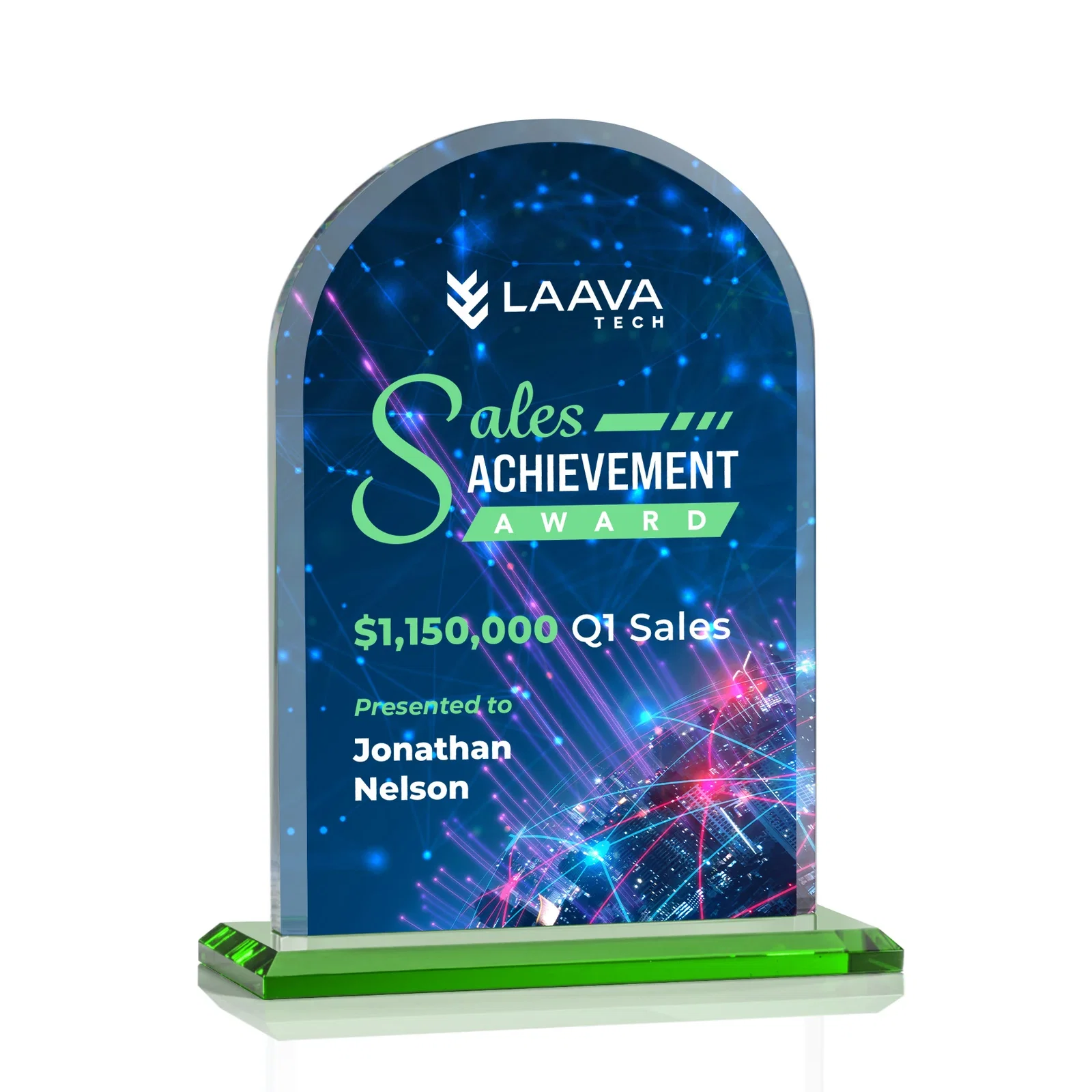 Branded Thick Starfire Crystal Arch Award on a Color Base, awards for donor appreciation