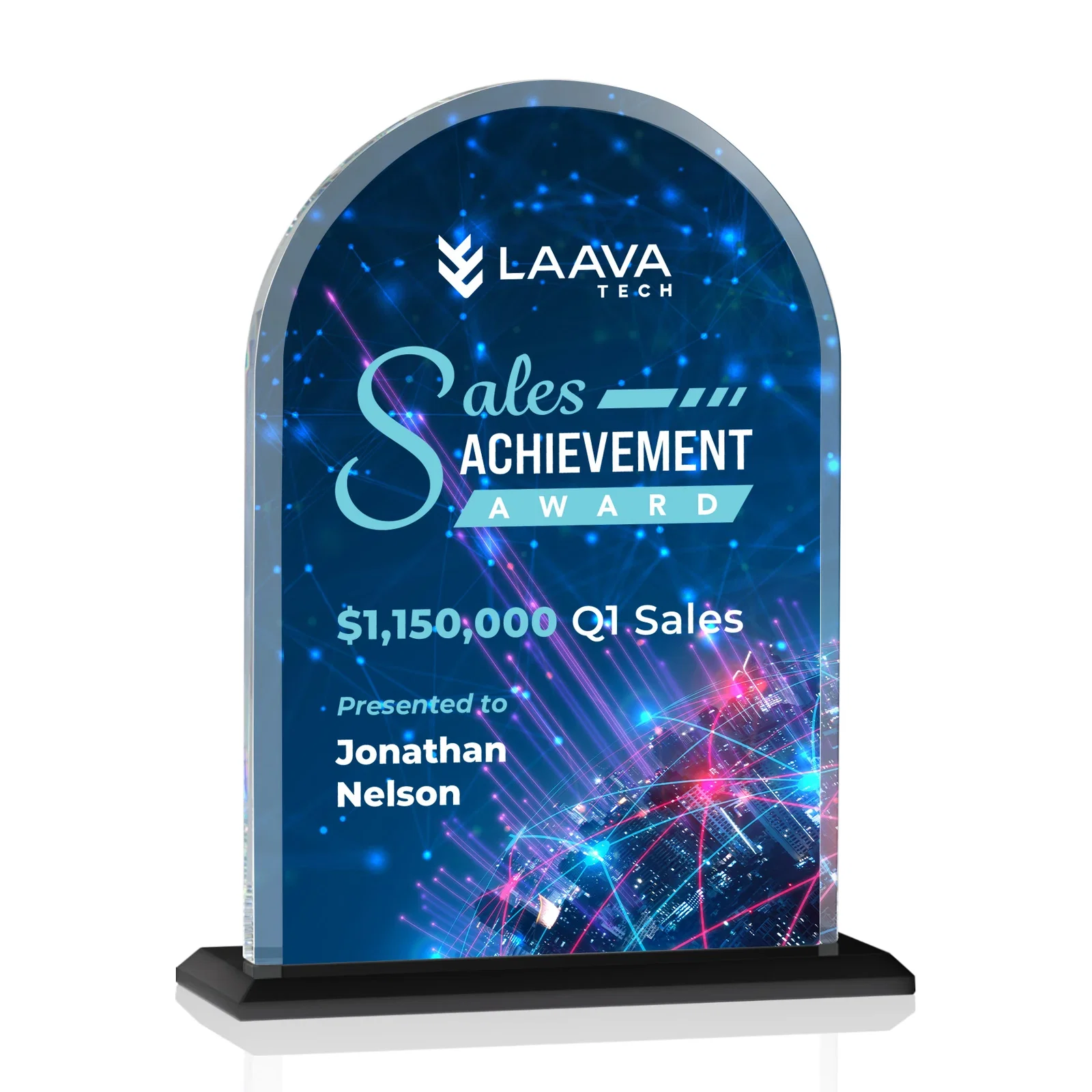 Branded Thick Starfire Crystal Arch Award on a Color Base, awards for company anniversary events