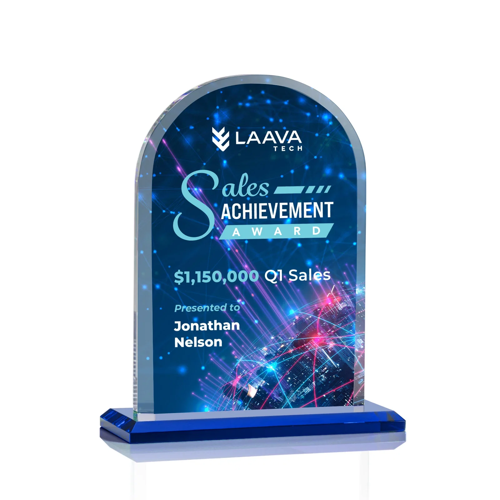 Custom printed Thick Starfire Crystal Arch Award on a Color Base, awards for corporate award ceremonies