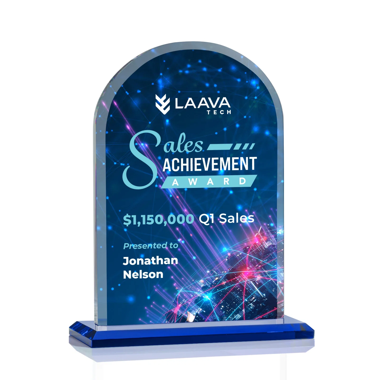 Custom printed Thick Starfire Crystal Arch Award on a Color Base, awards for service anniversary gifts