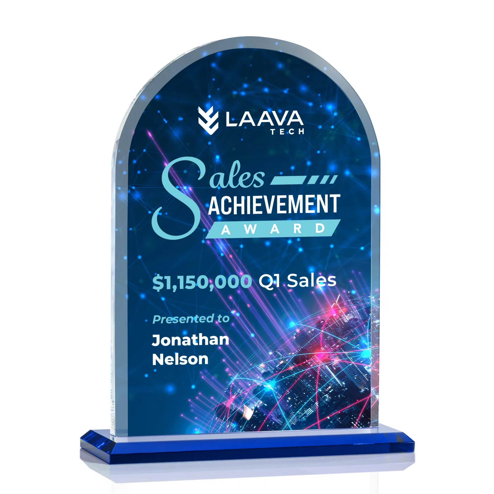 Custom printed Thick Starfire Crystal Arch Award on a Color Base, awards for sales achievement awards