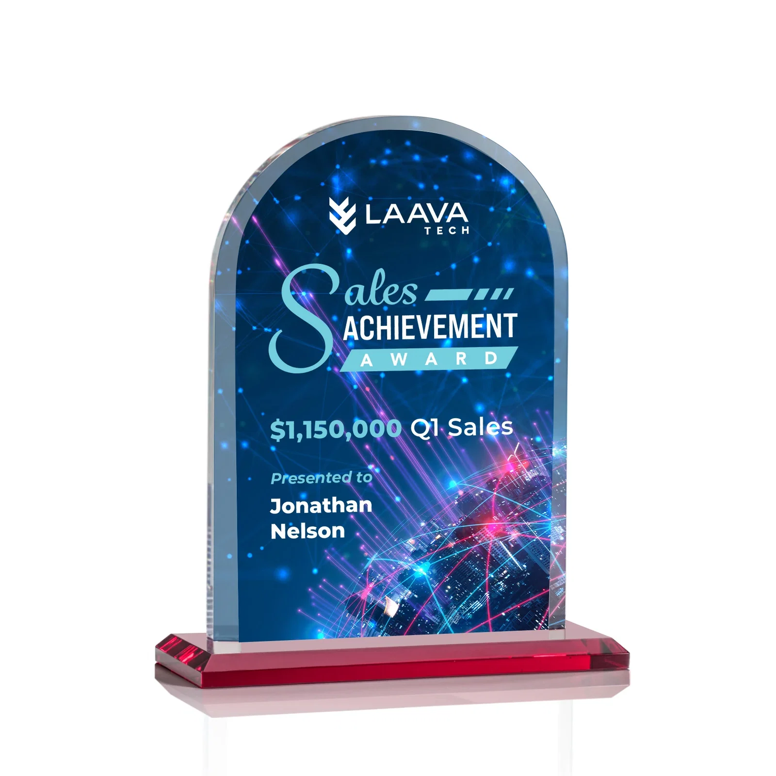Custom printed Thick Starfire Crystal Arch Award on a Color Base, awards for team milestone celebrations