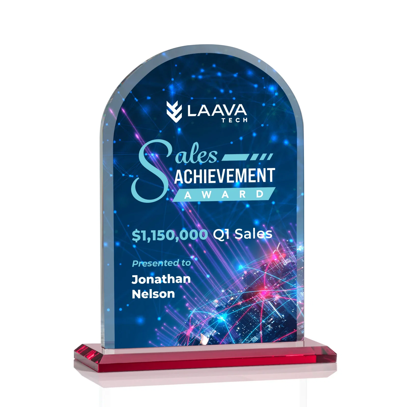 Custom printed Thick Starfire Crystal Arch Award on a Color Base, awards for donor appreciation