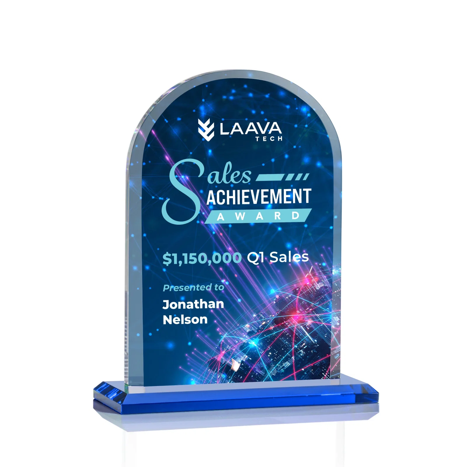 Custom printed Thick Starfire Crystal Arch Award on a Color Base, awards for volunteer appreciation
