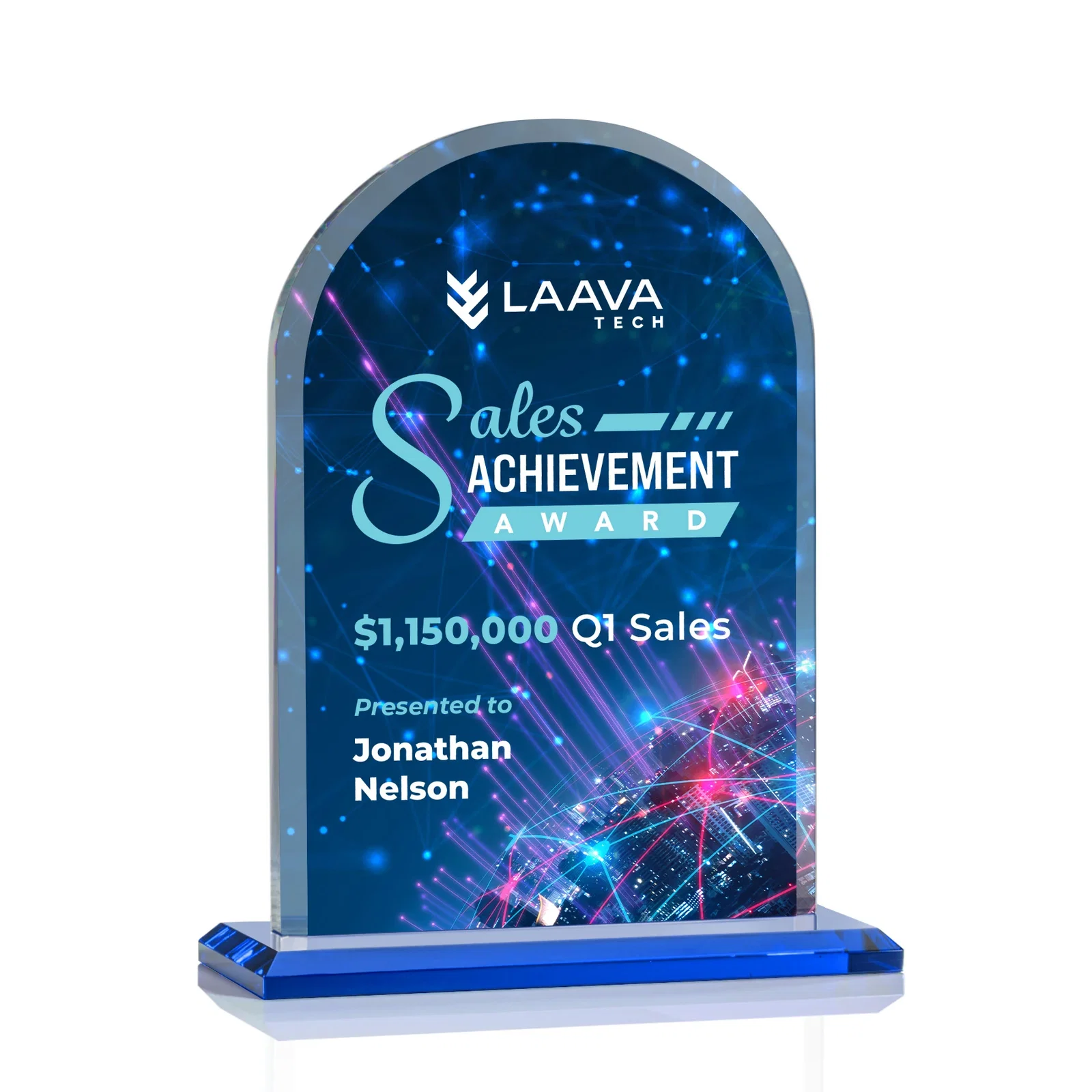 Custom printed Thick Starfire Crystal Arch Award on a Color Base, awards for dealer and partner awards