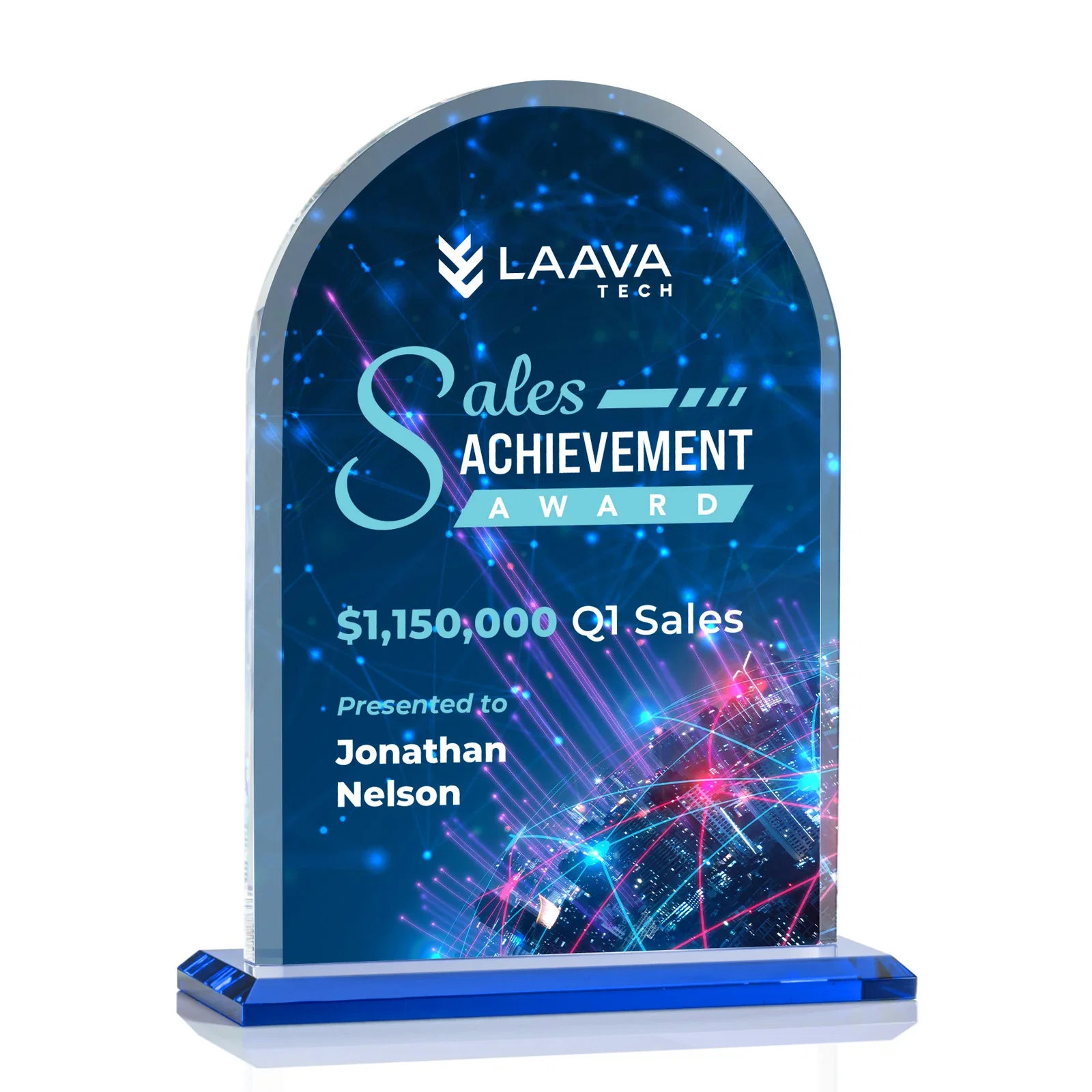 Custom printed Thick Starfire Crystal Arch Award on a Color Base, awards for company anniversary events