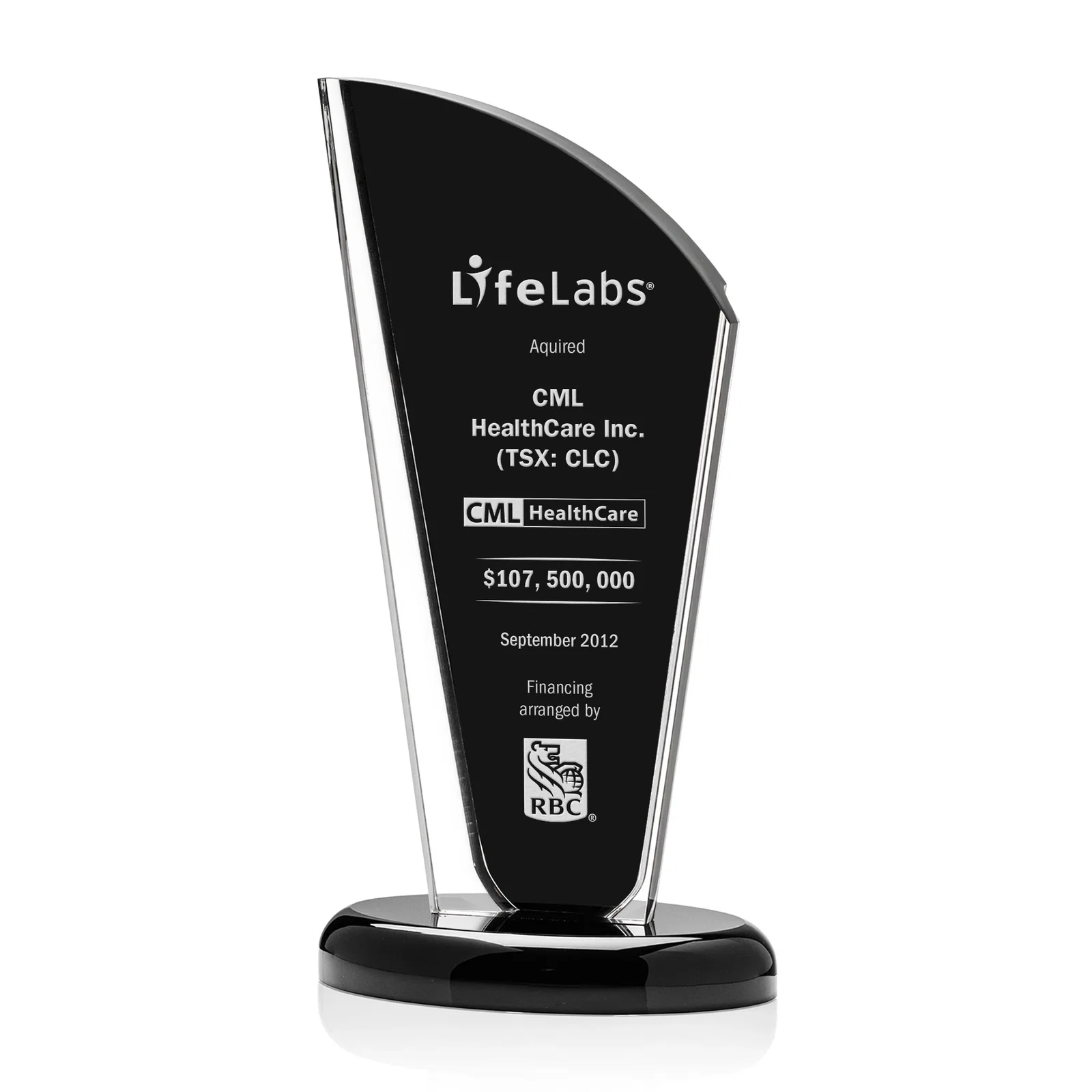 Custom Tall Acrylic Peak Award With Clear Side Panels on Ebony Base for employee recognition