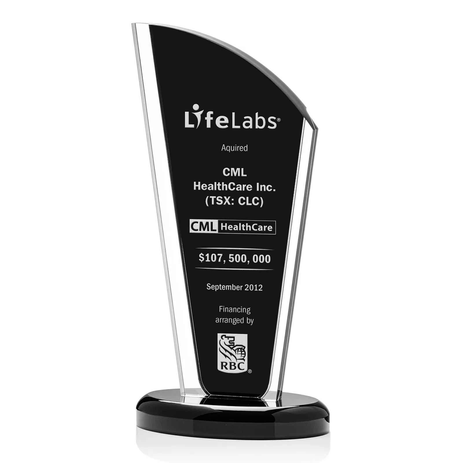 Custom Tall Acrylic Peak Award With Clear Side Panels on Ebony Base for corporate award ceremonies
