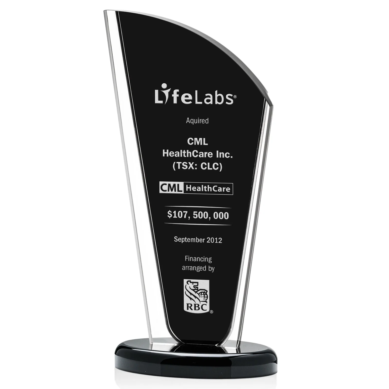 Custom Tall Acrylic Peak Award With Clear Side Panels on Ebony Base for service anniversary gifts