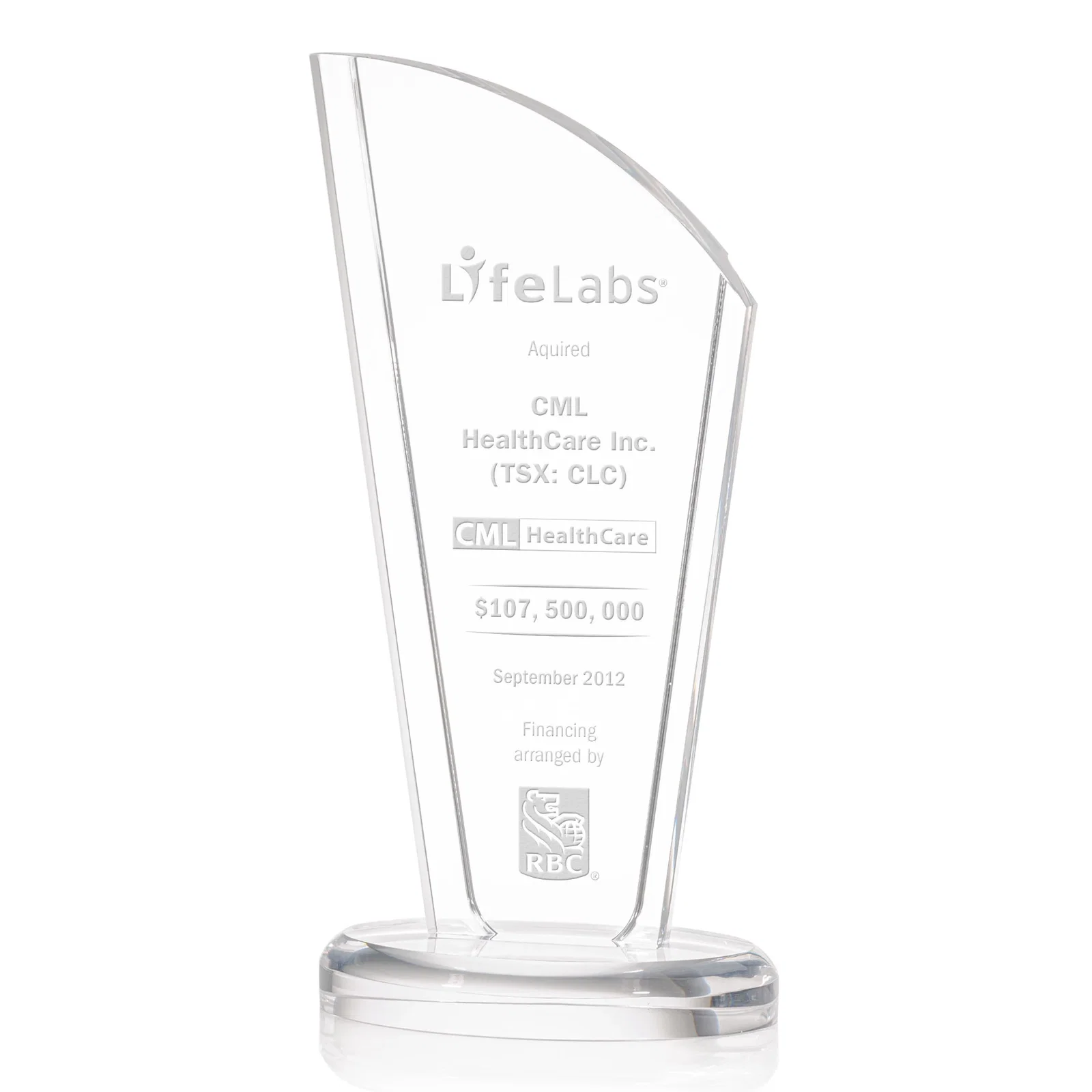 Custom Tall Acrylic Peak Award With Clear Side Panels on Ebony Base for retirement presentations