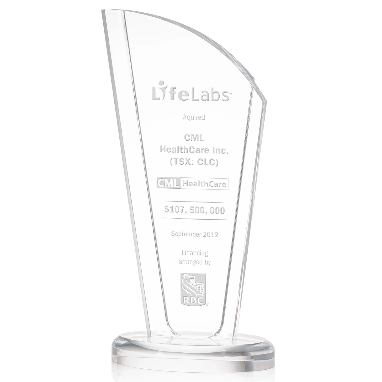 Custom Tall Acrylic Peak Award With Clear Side Panels on Ebony Base for team milestone celebrations