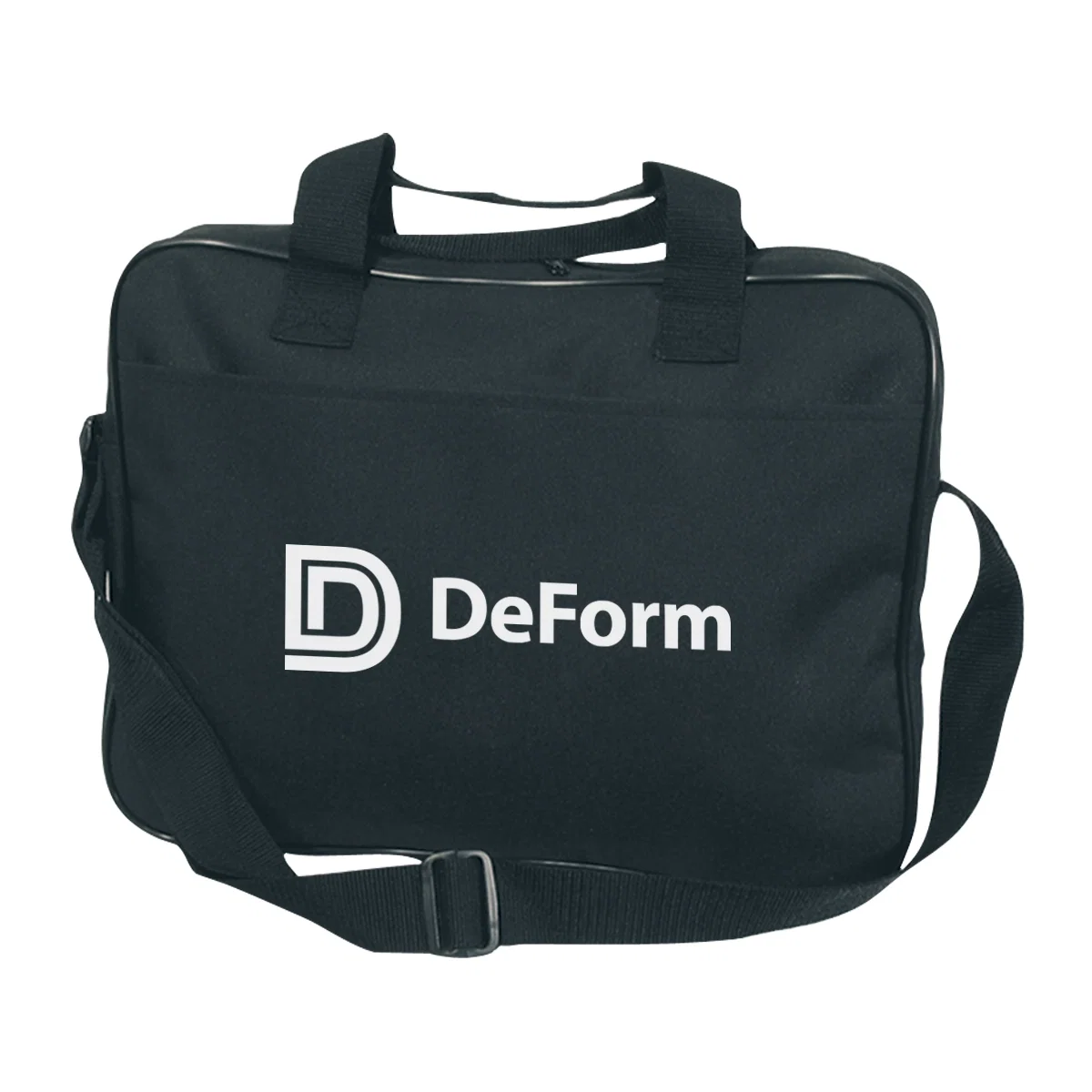 Black briefcase shown closed with the handle upright