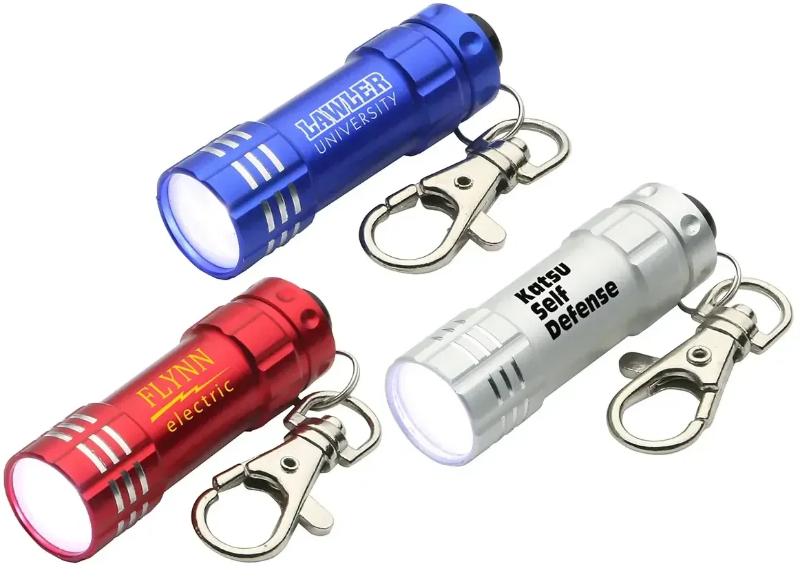 Bright Shine custom 3-LED keychain flashlight, branded promotional light, front hero view