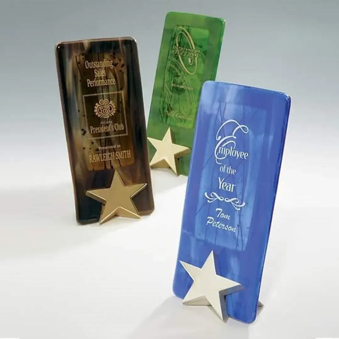 Custom Marbleized Glass Star Award with Custom Logo Prompt and Responsive Customer Service Free 1 Colorfill for employee recognition