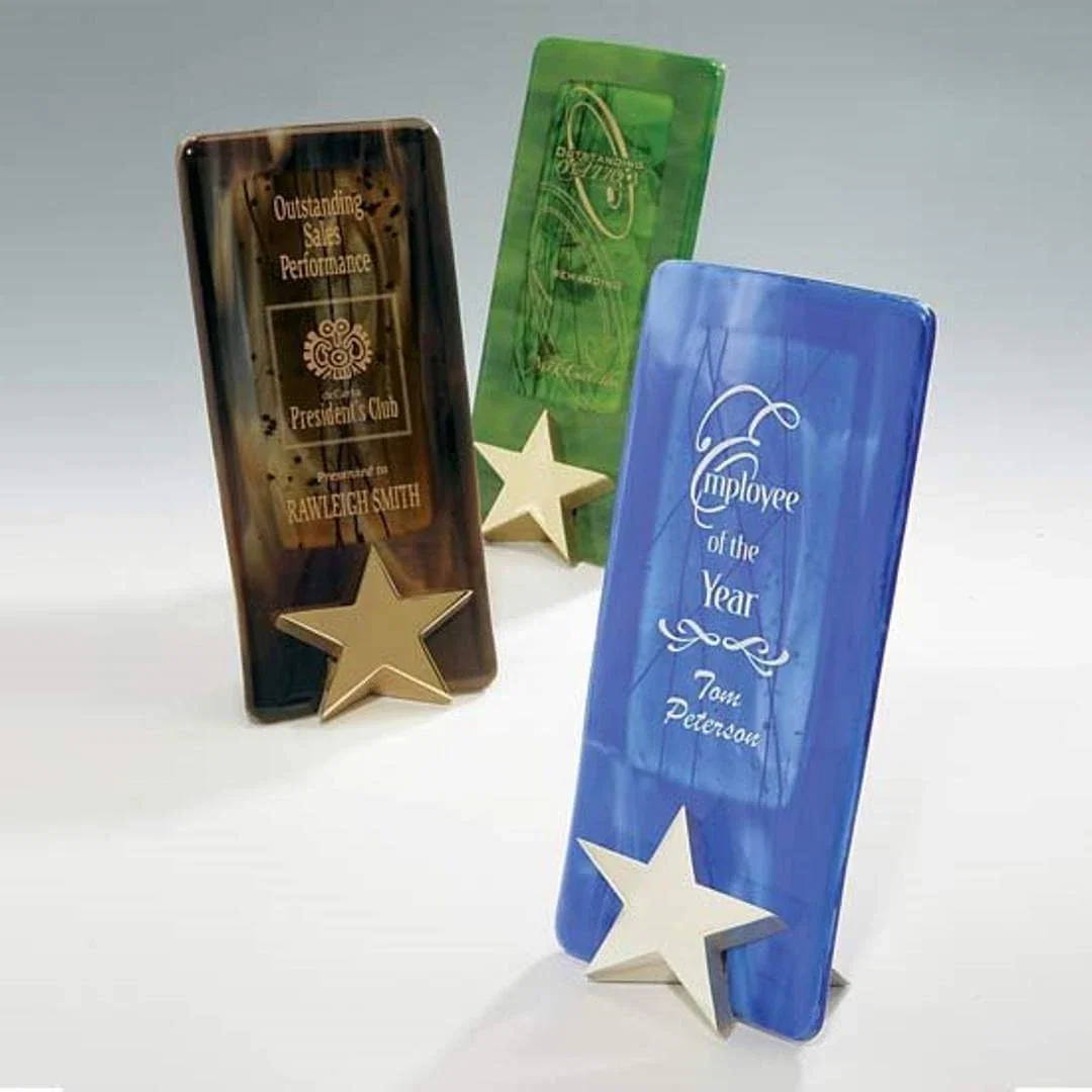 Custom Marbleized Glass Star Award with Custom Logo Prompt and Responsive Customer Service Free 1 Colorfill for retirement presentations