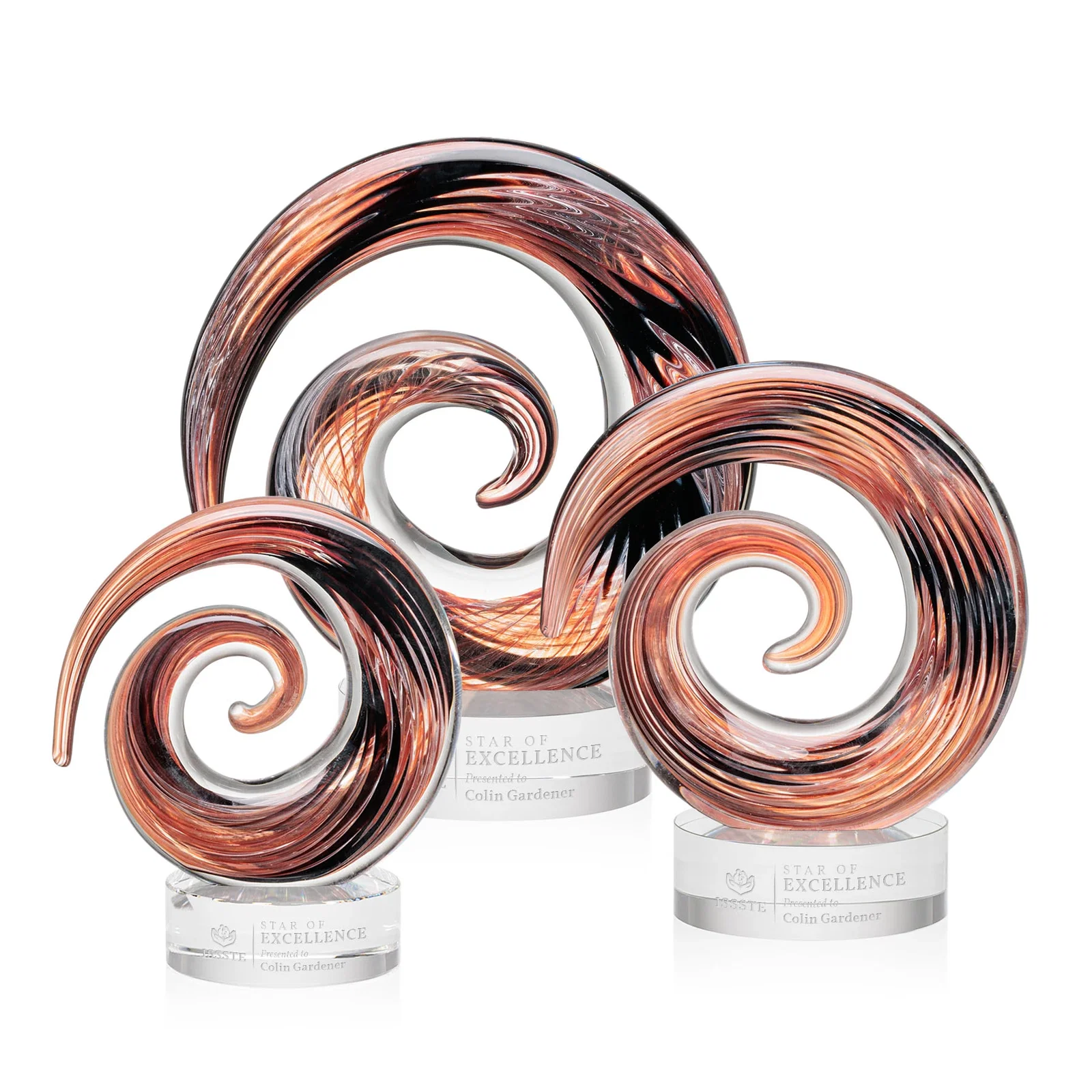 Custom Seashell-Shaped Art Glass Award with Swirled Amber and Ebony for employee recognition