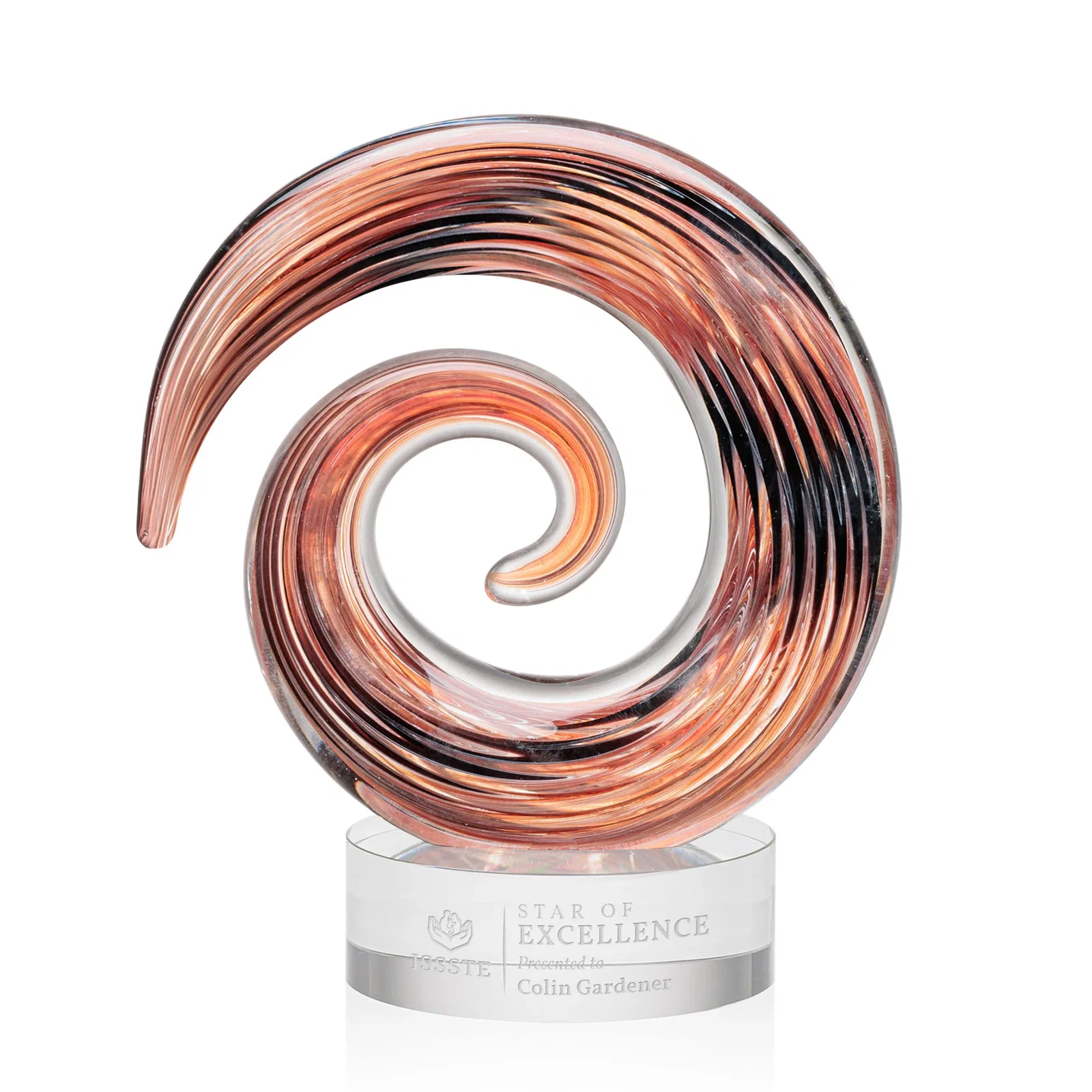Custom Seashell-Shaped Art Glass Award with Swirled Amber and Ebony for service anniversary gifts