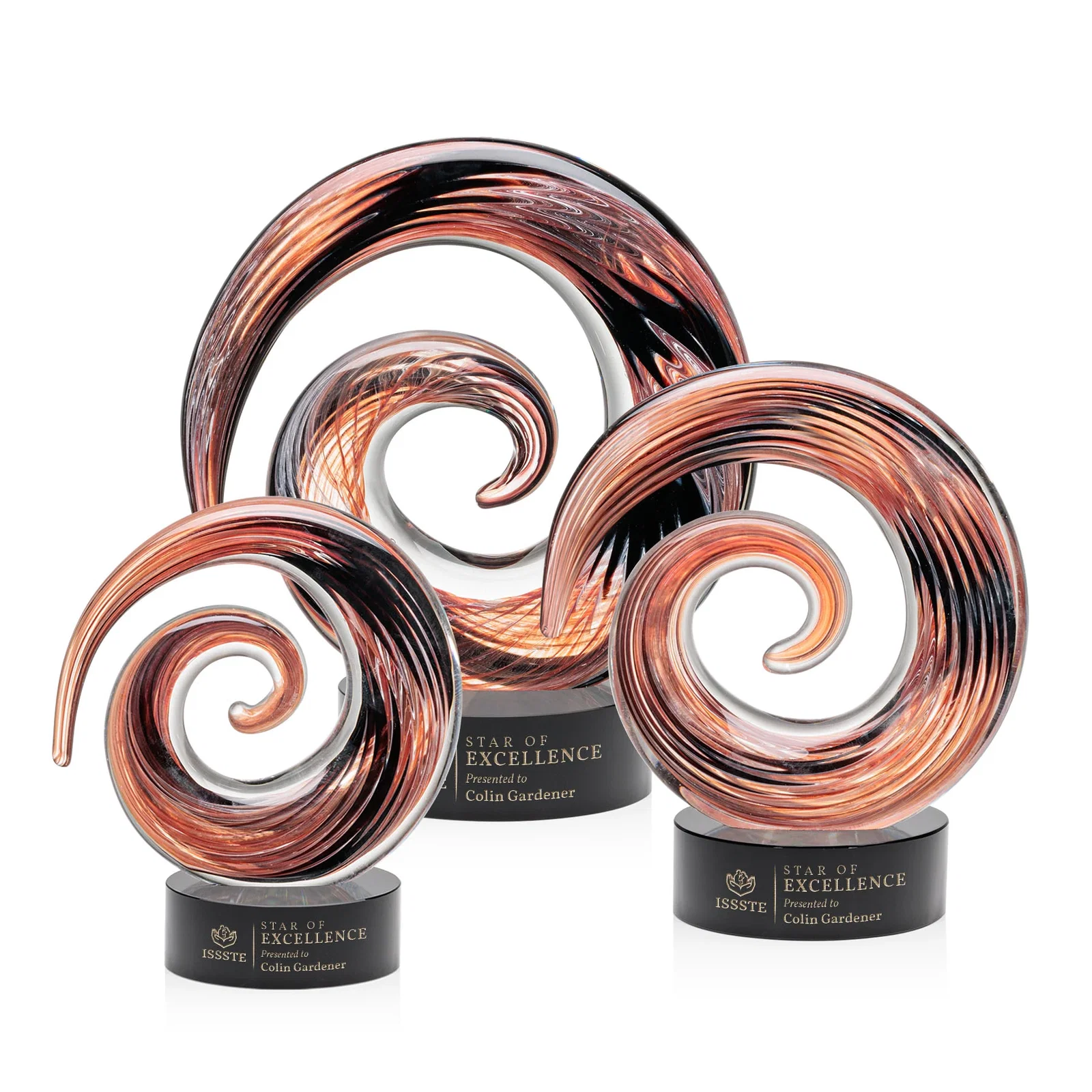 Custom Seashell-Shaped Art Glass Award with Swirled Amber and Ebony for retirement presentations