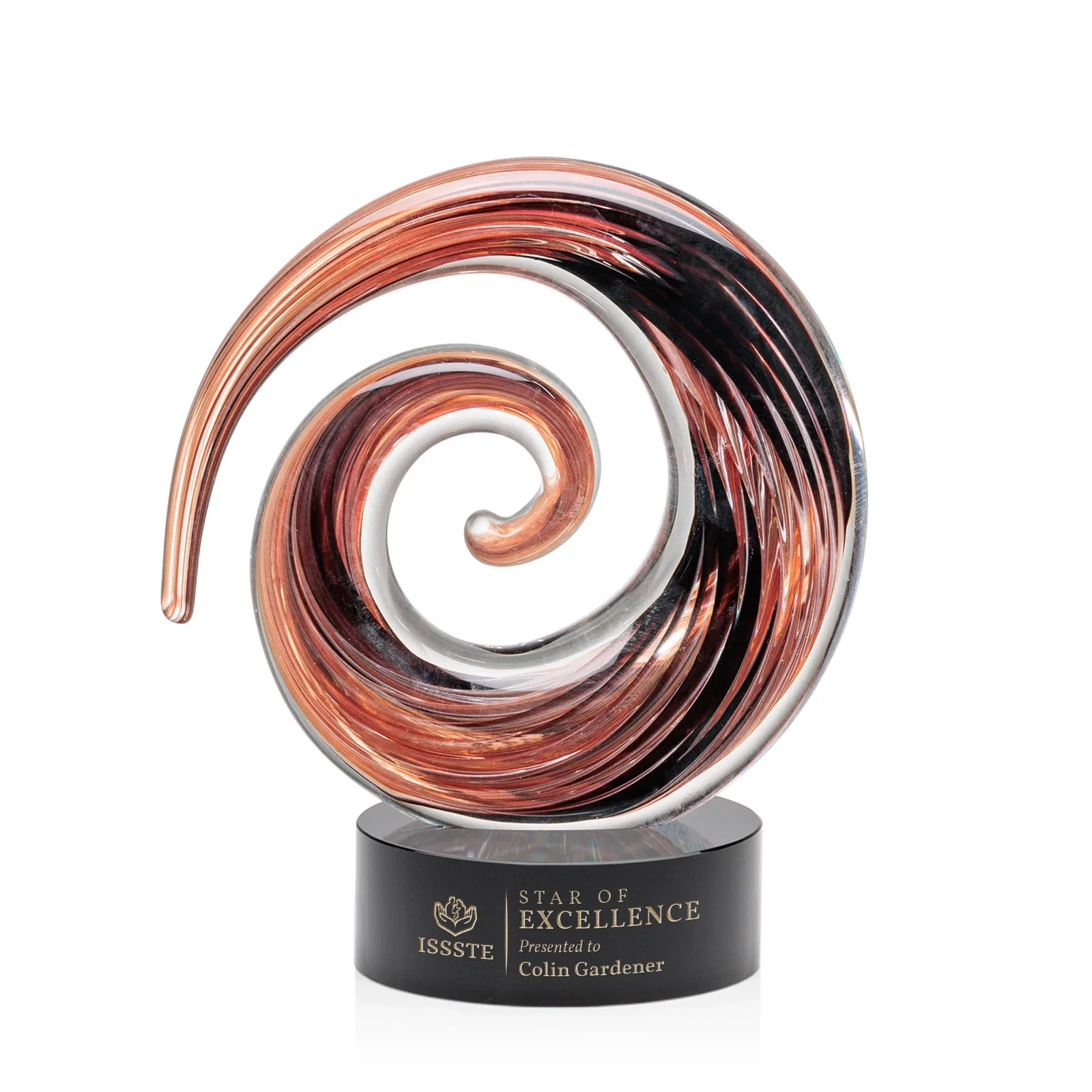 Custom Seashell-Shaped Art Glass Award with Swirled Amber and Ebony for team milestone celebrations
