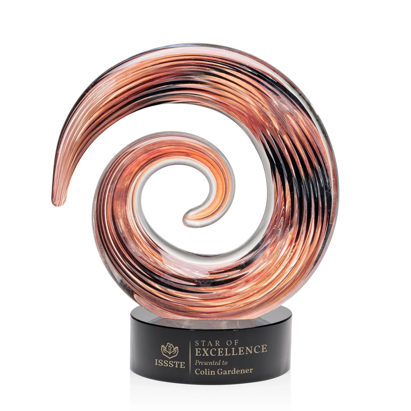 Custom Seashell-Shaped Art Glass Award with Swirled Amber and Ebony for donor appreciation